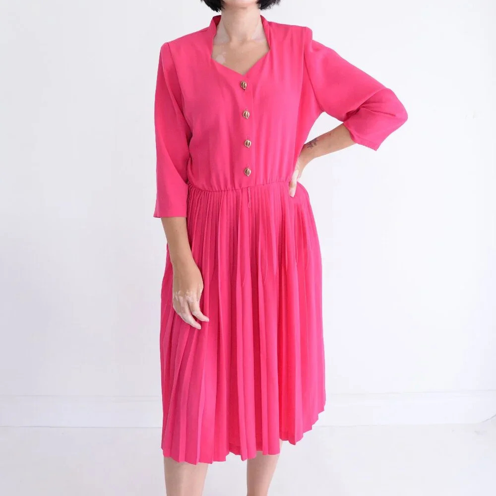 Vintage D'Allaird's 80's Pink Half Button Pleated 3/4 Sleeve Midi Dress M